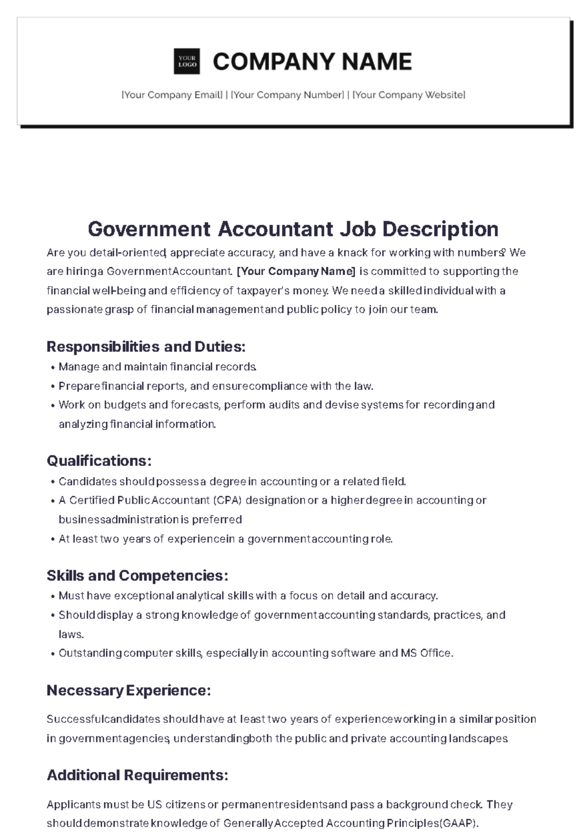 Government Accountant Job Description Template - Edit Online & Download