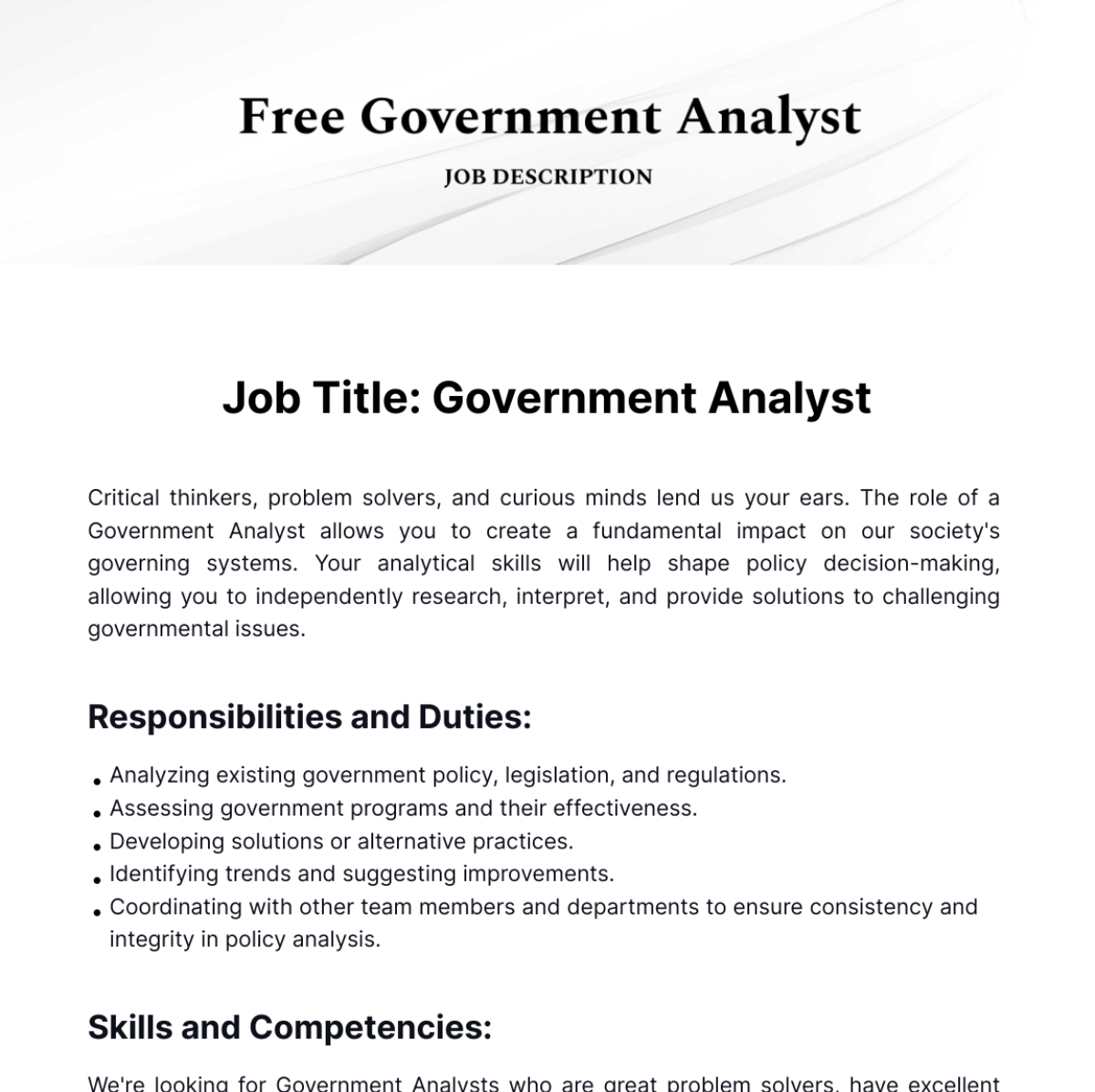 Government Analyst Job Description Template