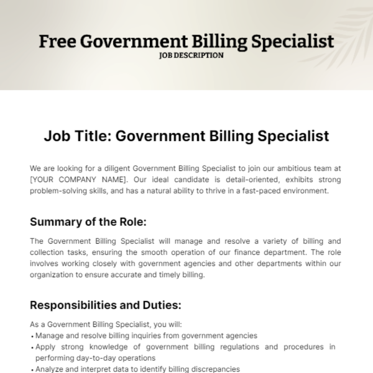 Free Government Billing Specialist Job Description Template
