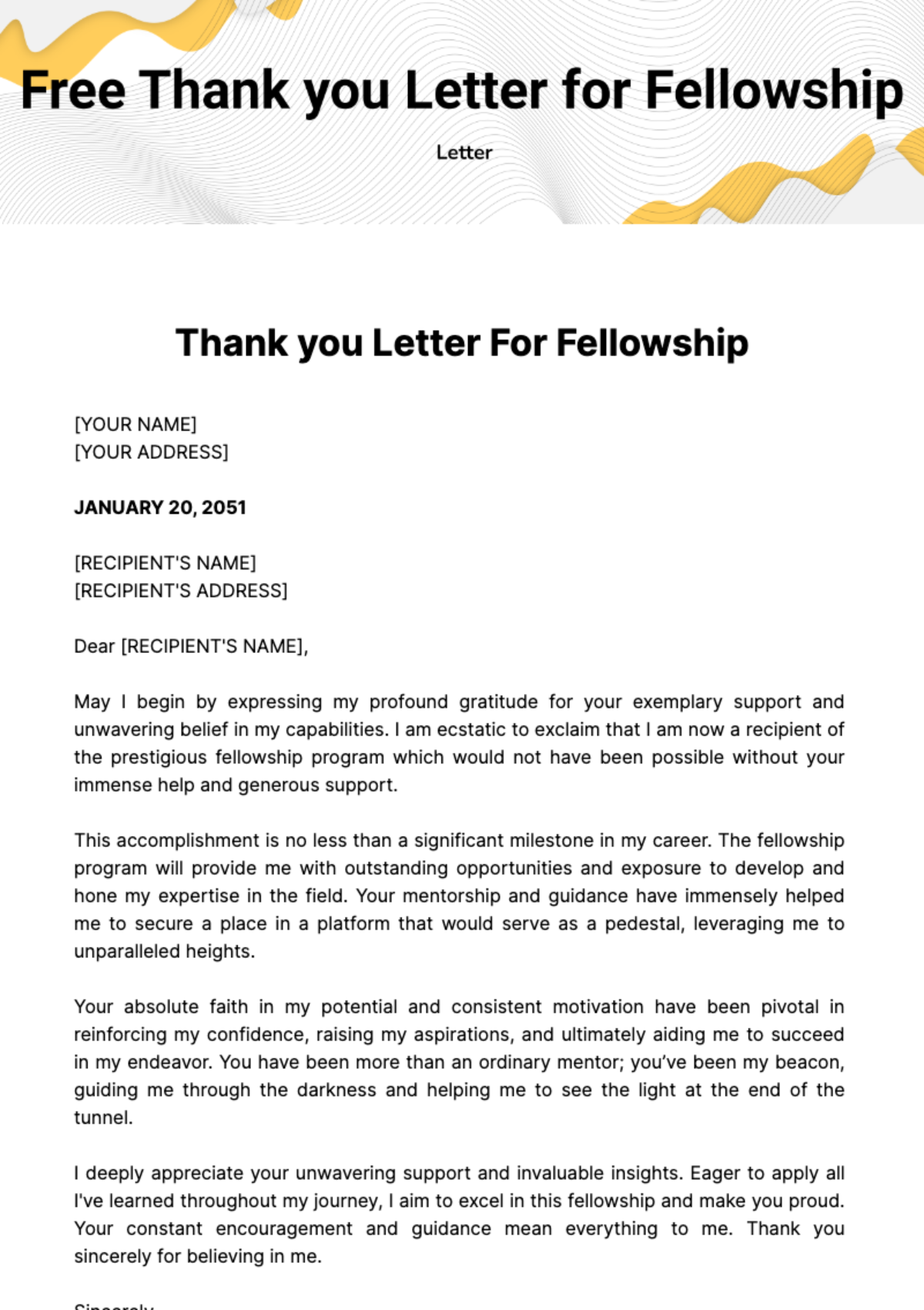 Thank you Letter for Fellowship Template
