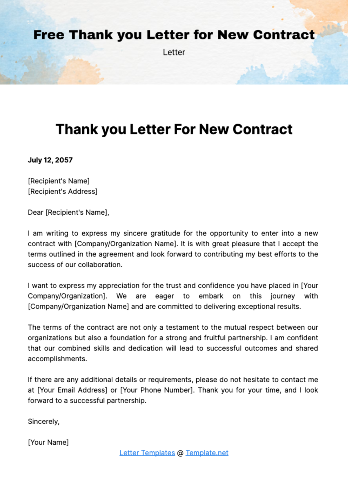 Thank you Letter for New Contract Template
