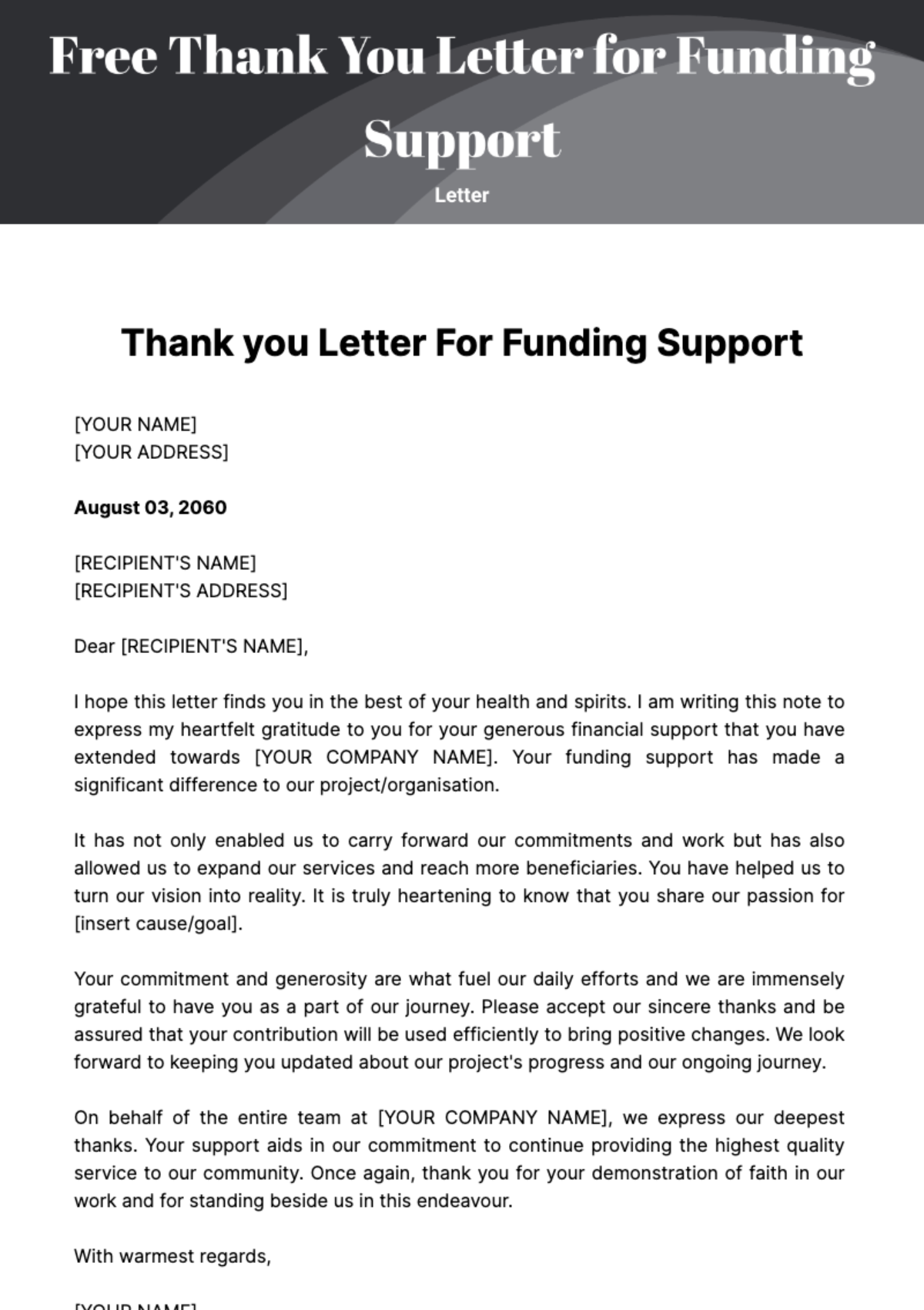 Free Thank you Letter for Funding Support Template