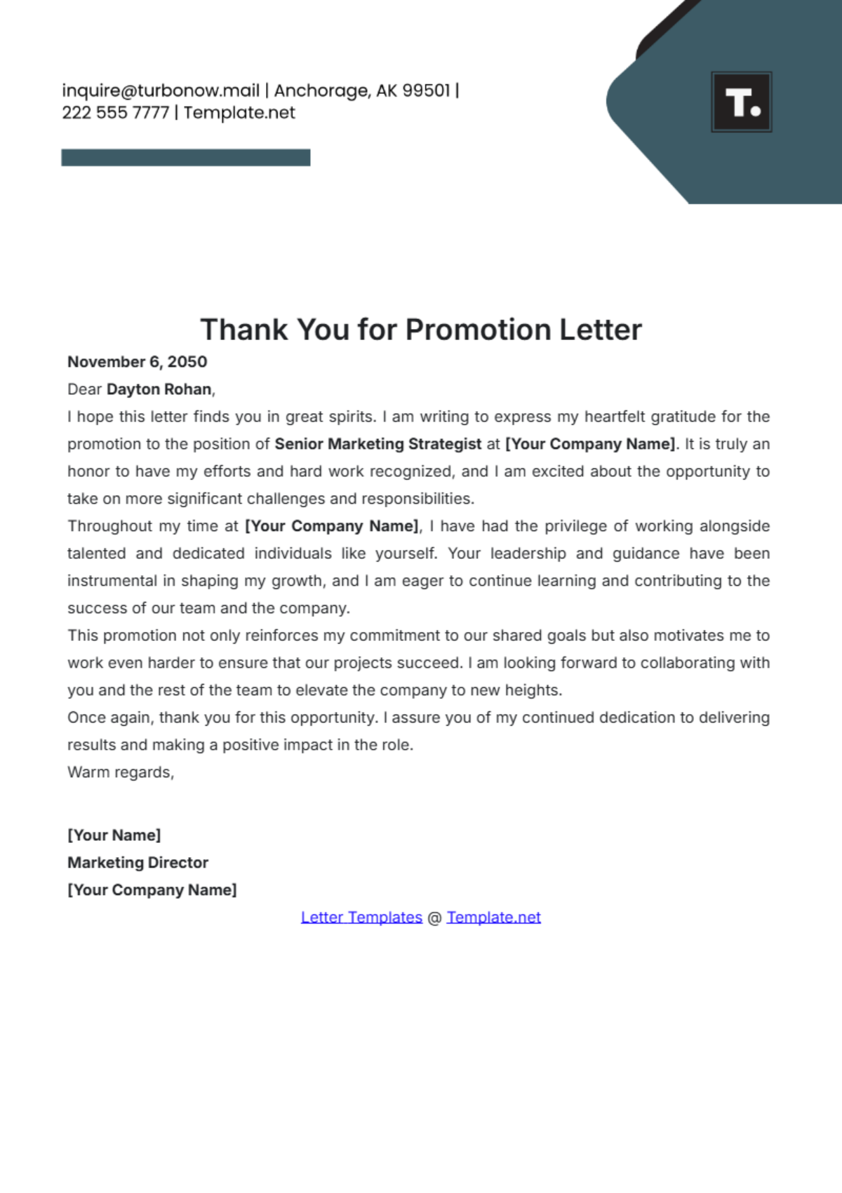 Thank You for Promotion Letter Template - Edit Online & Download