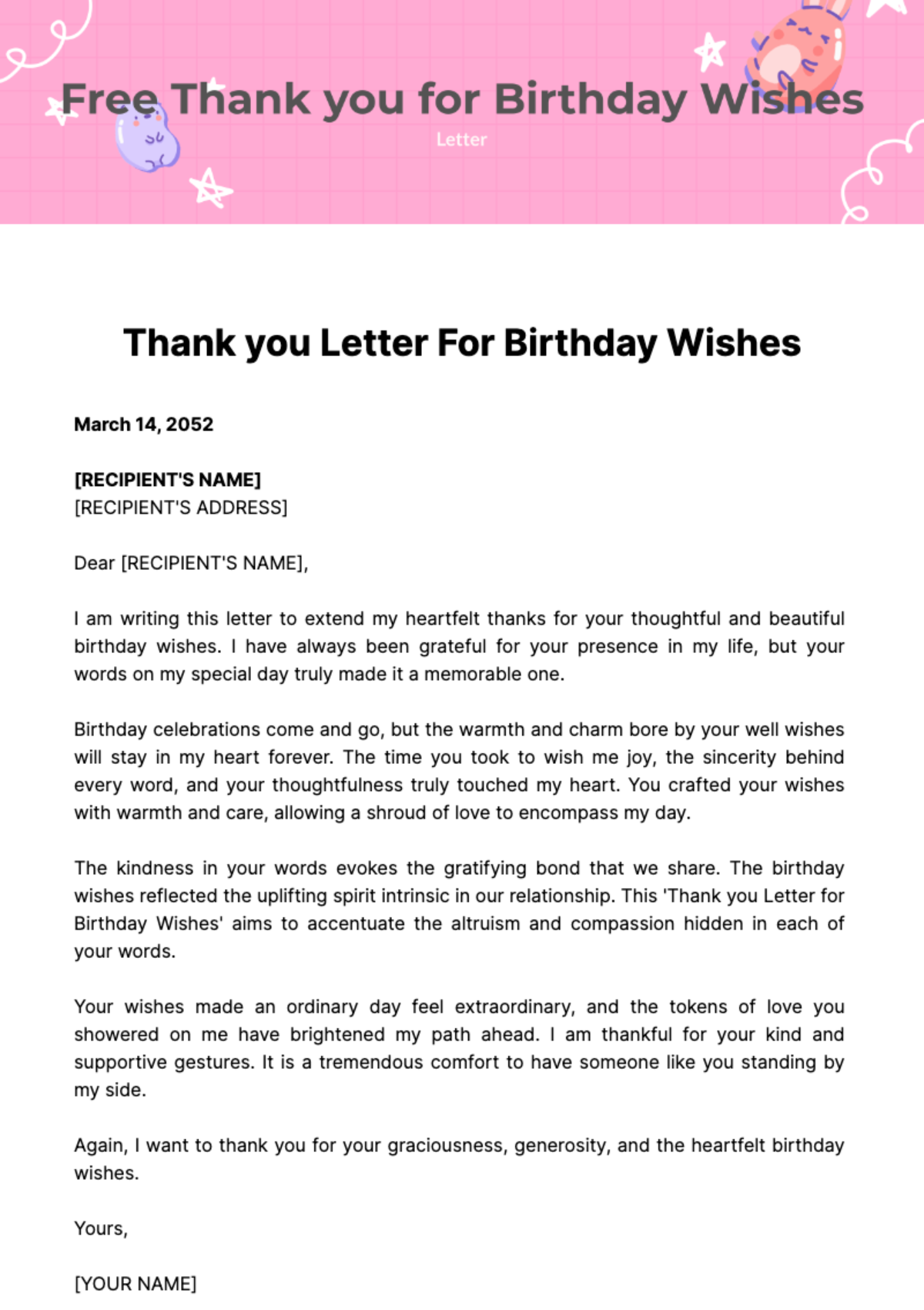 Free Thank you Letter for Birthday Wishes Template