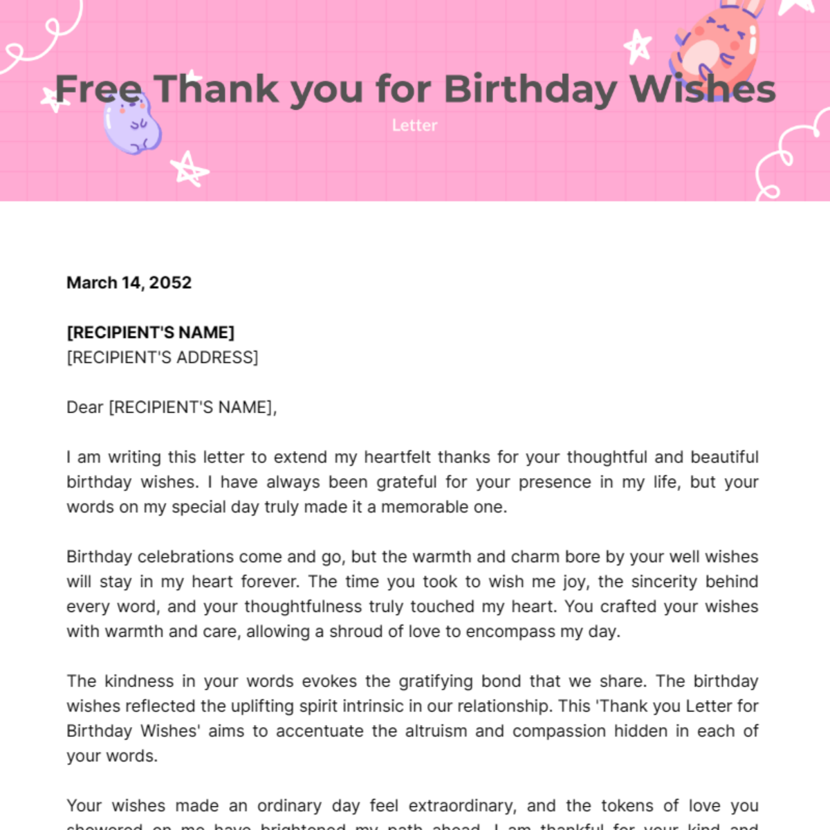 Thank you Letter for Birthday Wishes Template