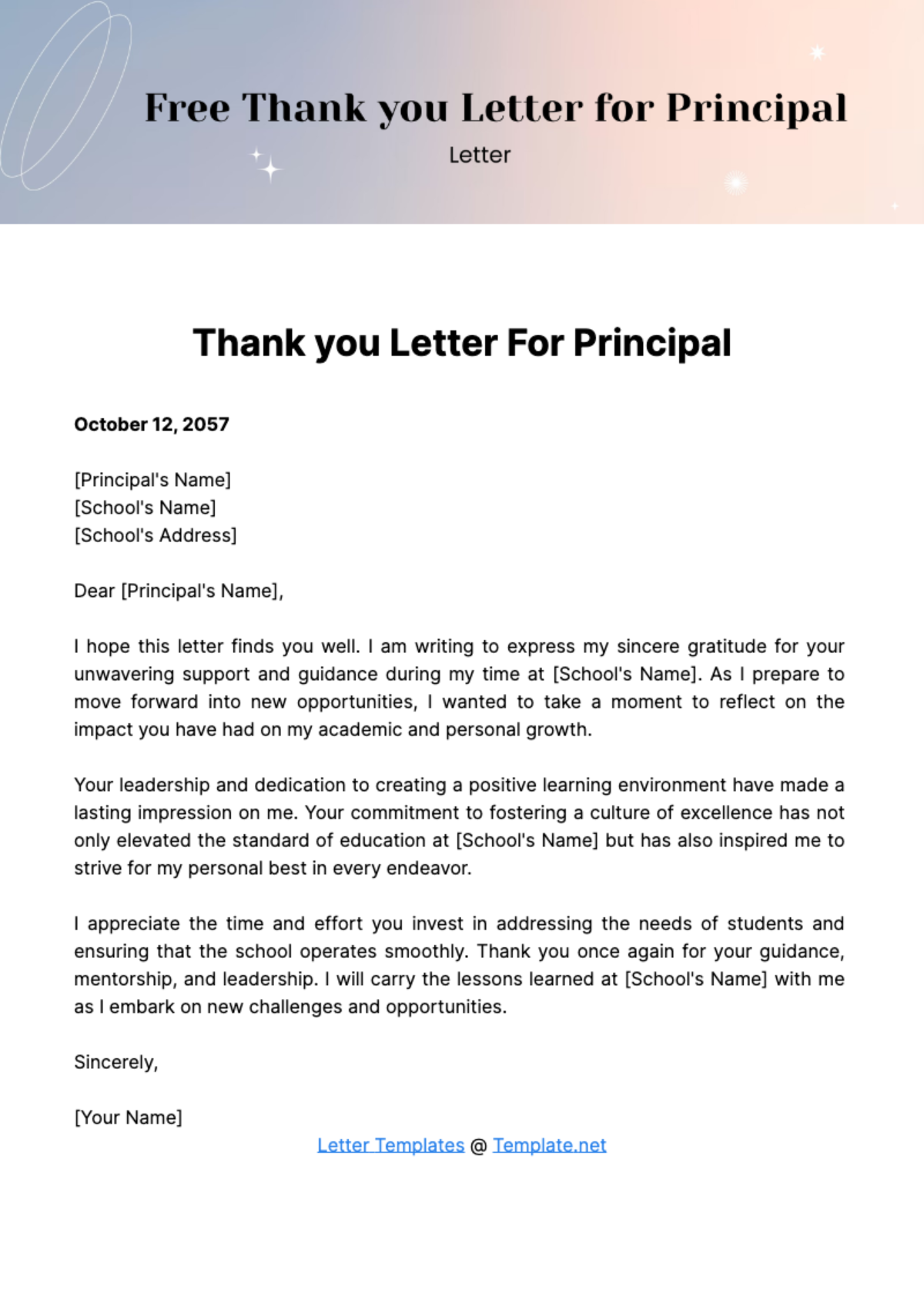 Free Thank you Letter for Principal Template