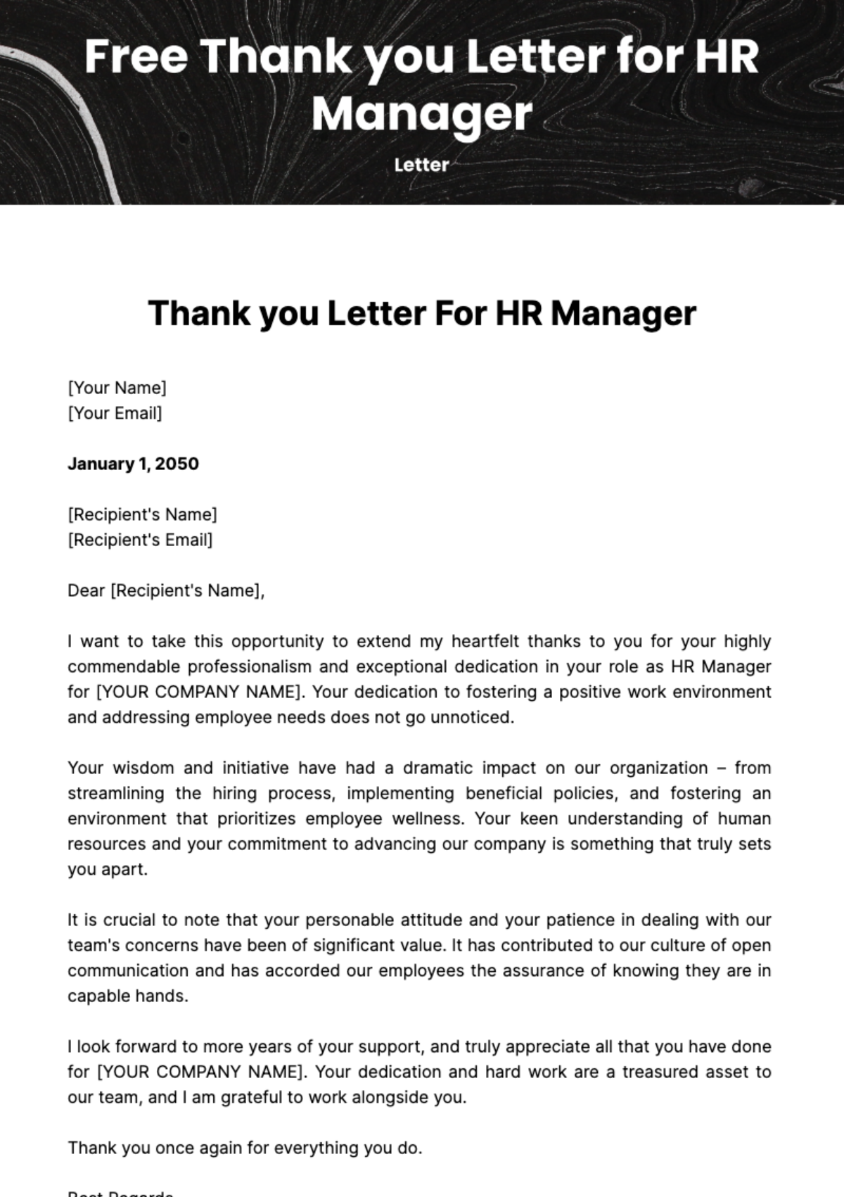 Free Thank you Letter for HR Manager Template