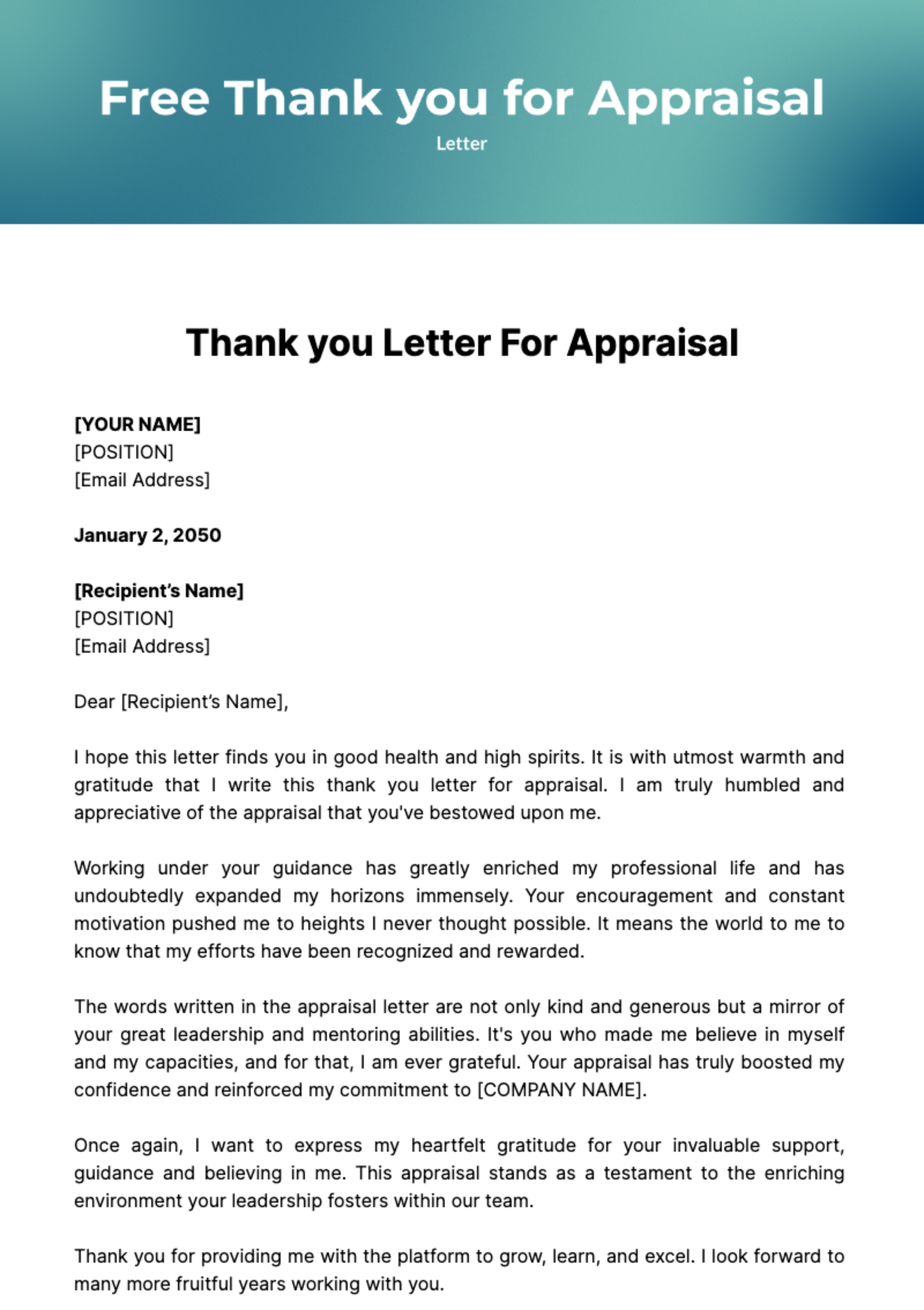 Free Thank you Letter for Appraisal Template