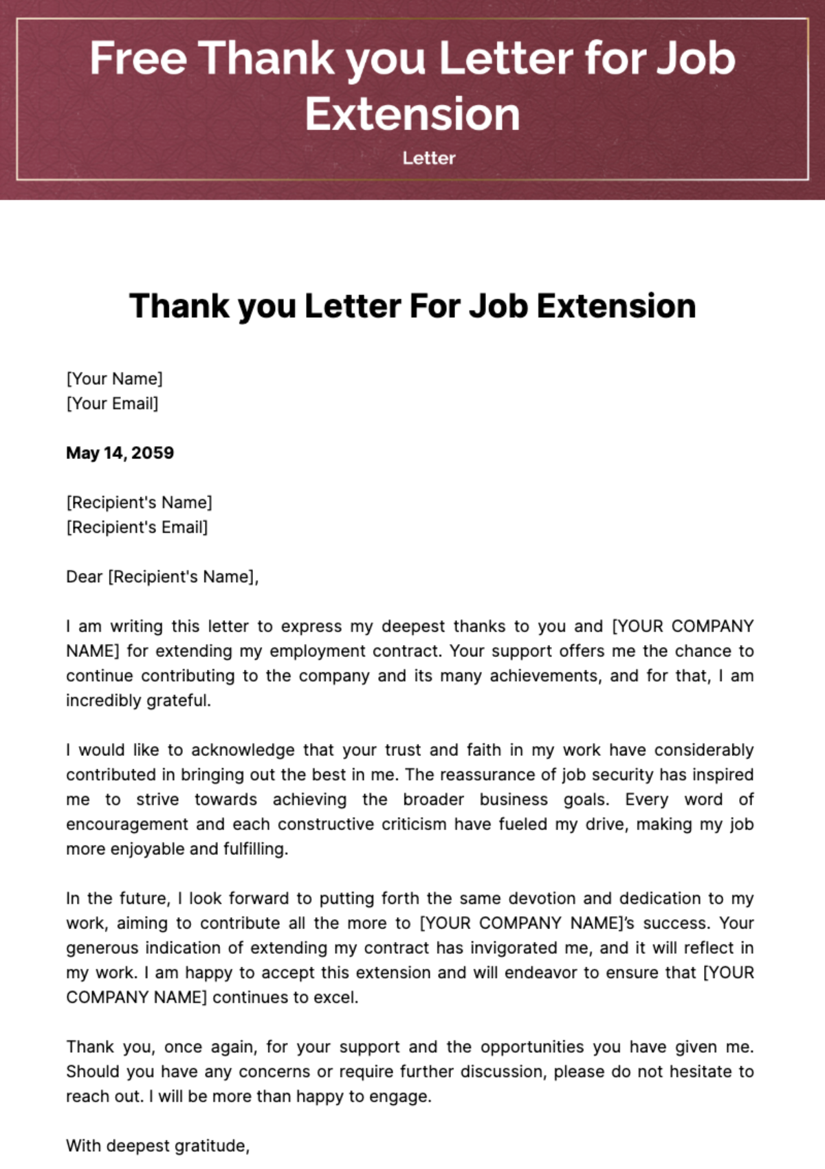 Free Thank you Letter for Job Extension Template