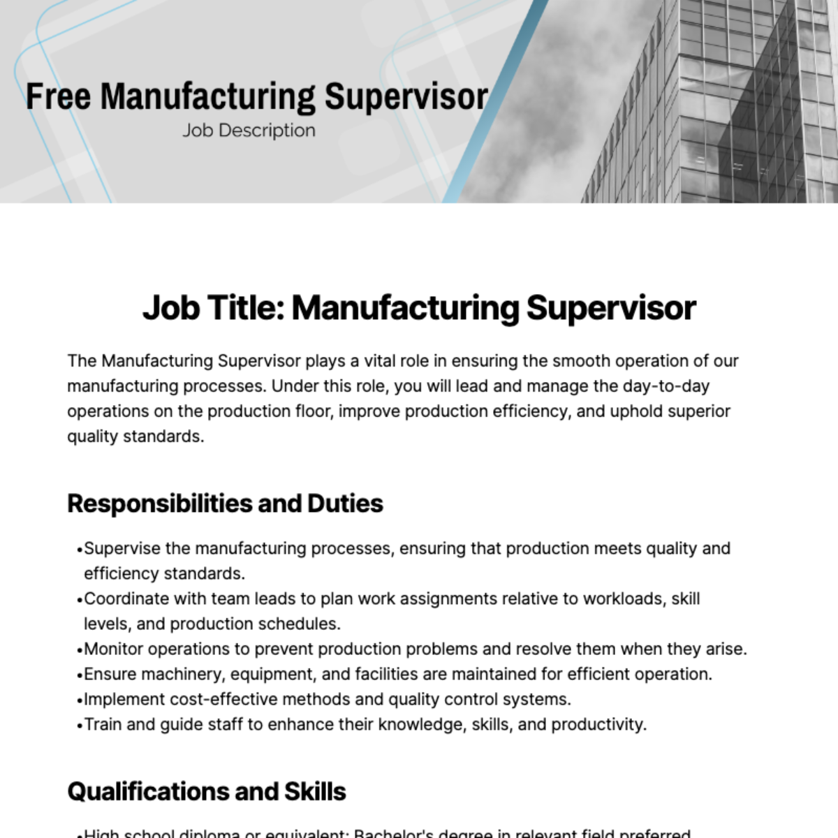 Free Manufacturing Supervisor Job Description Template