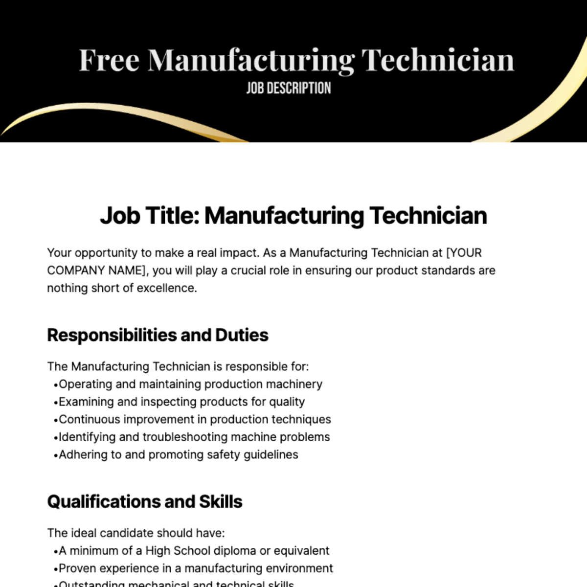 Free Manufacturing Technician Job Description Template