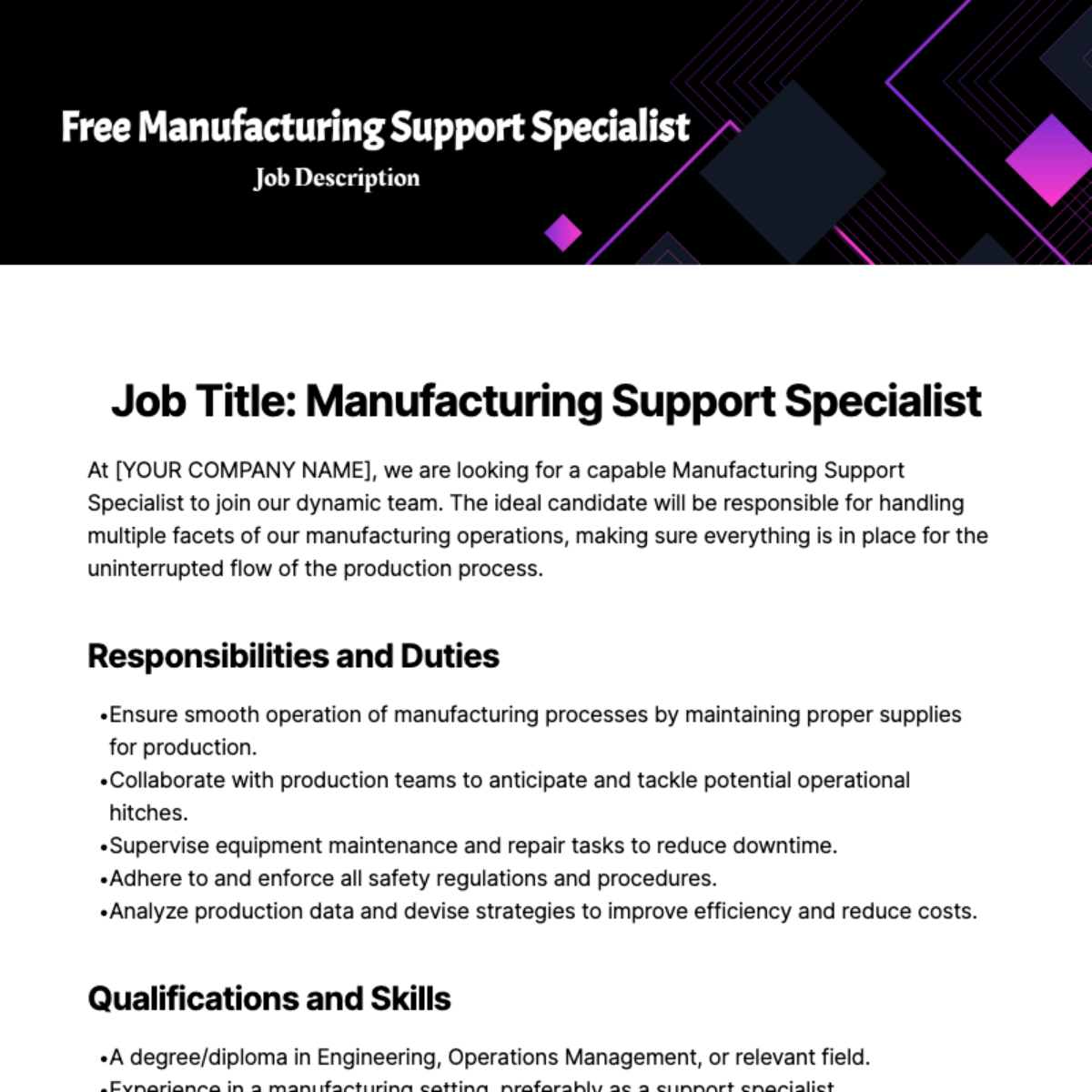 Free Manufacturing Support Specialist Job Description Template