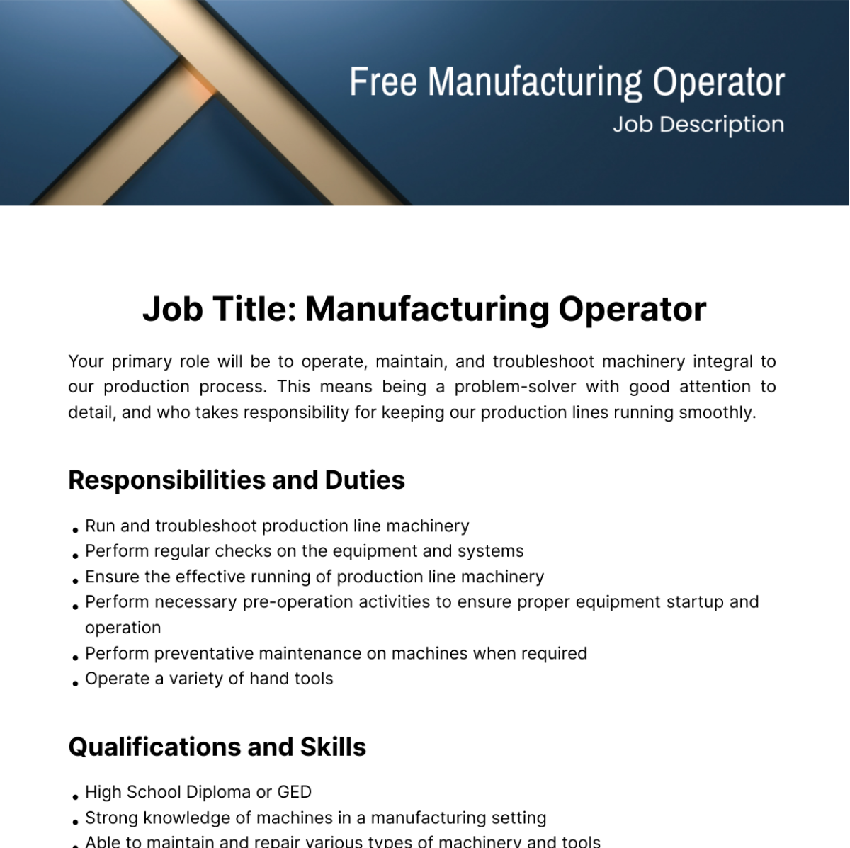 Free Manufacturing Operator Job Description Template