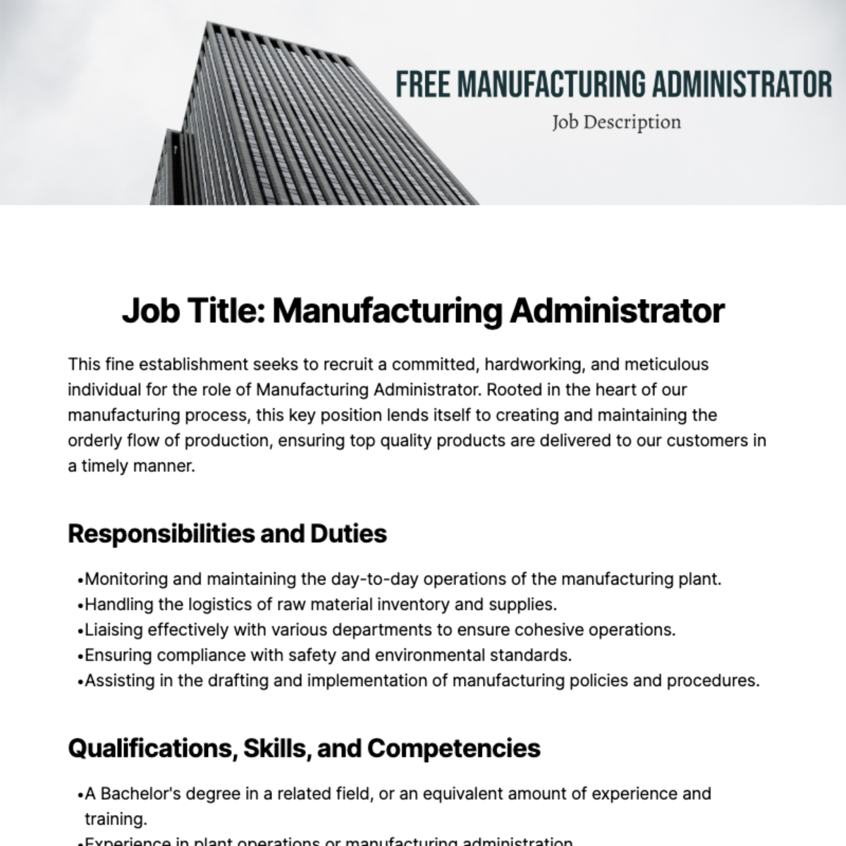 Free Manufacturing Administrator Job Description Template