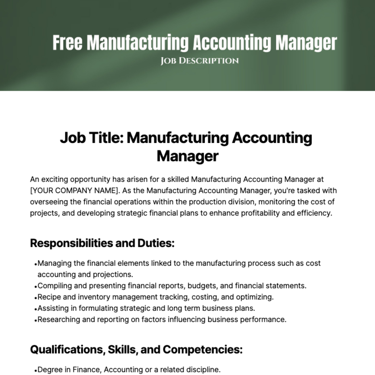 Free Manufacturing Accounting Manager Job Description Template