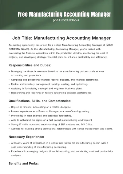 Free Manufacturing Accounting Manager Job Description Template to Edit Online