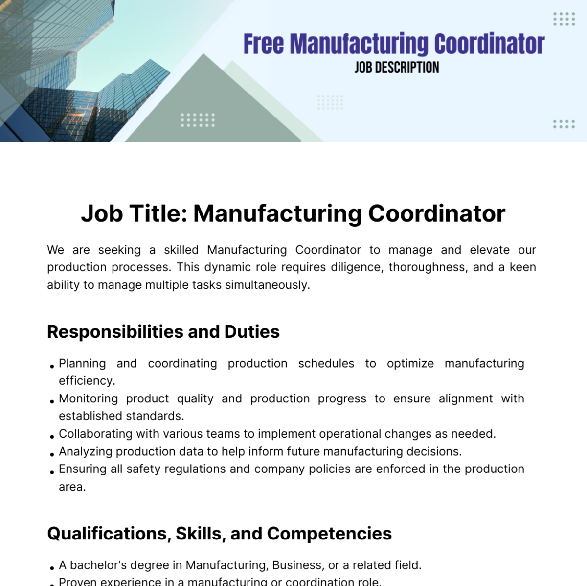 Free Manufacturing Coordinator Job Description Template