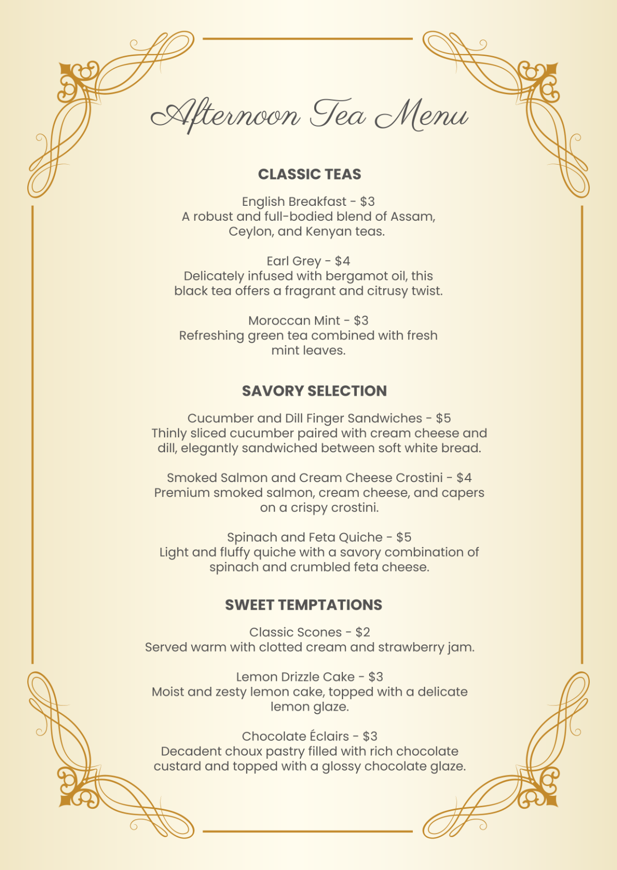 Free Afternoon Tea Menu Template - Edit Online & Download | Template.net