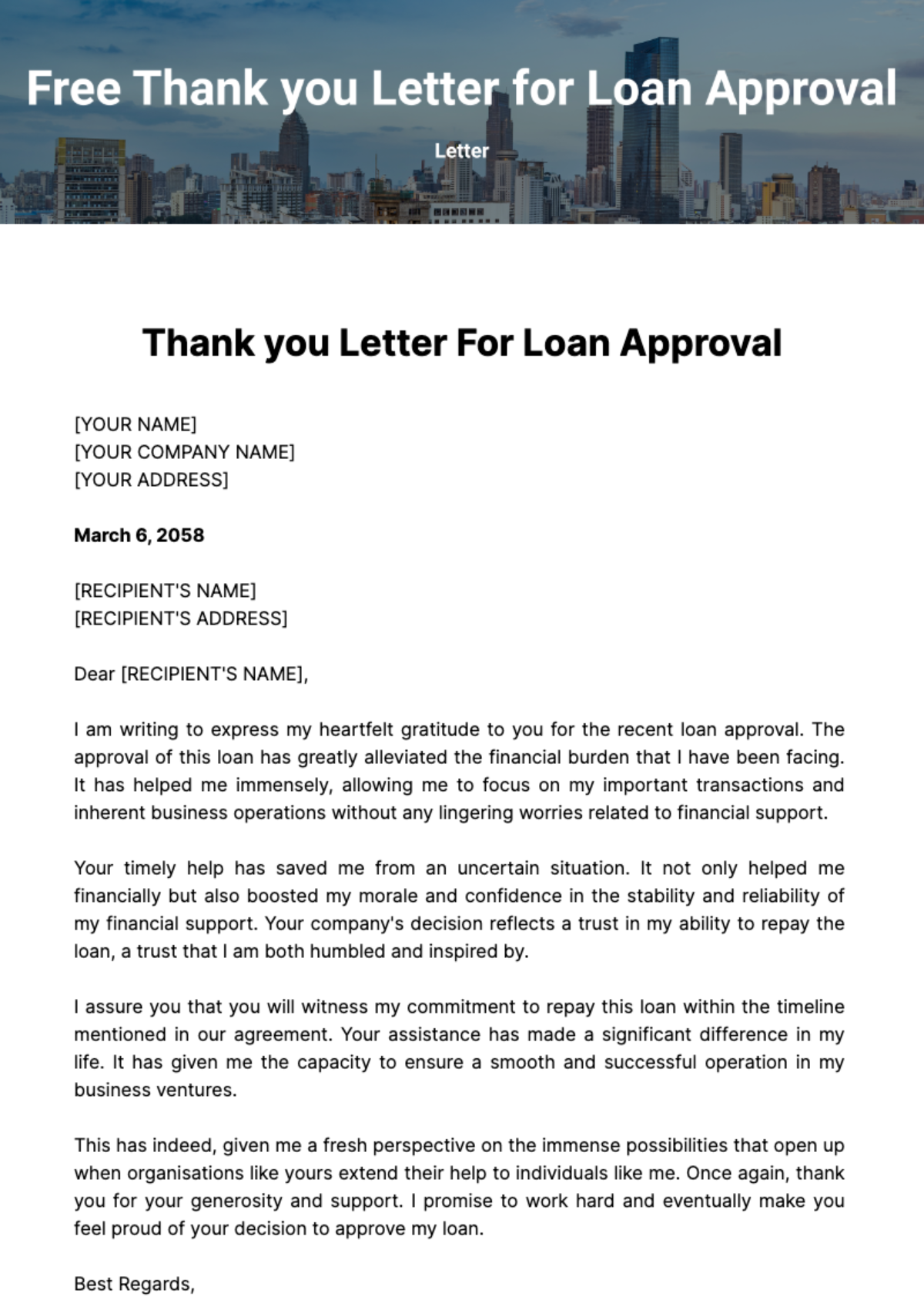 Free Thank you Letter for Loan Approval Template