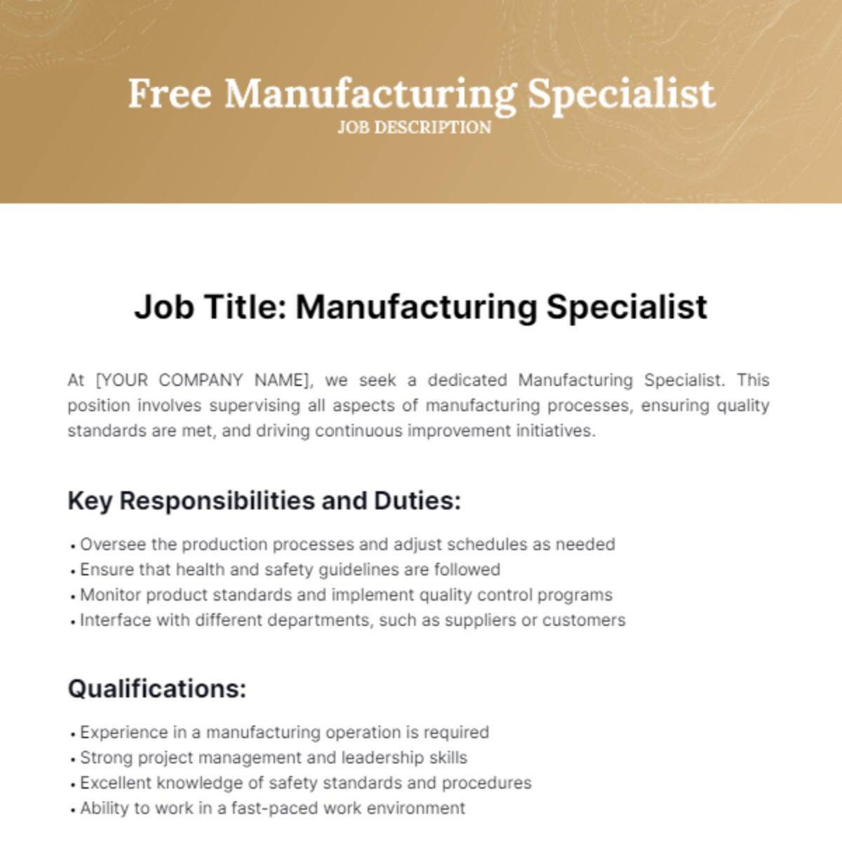 Free Manufacturing Job Description Template