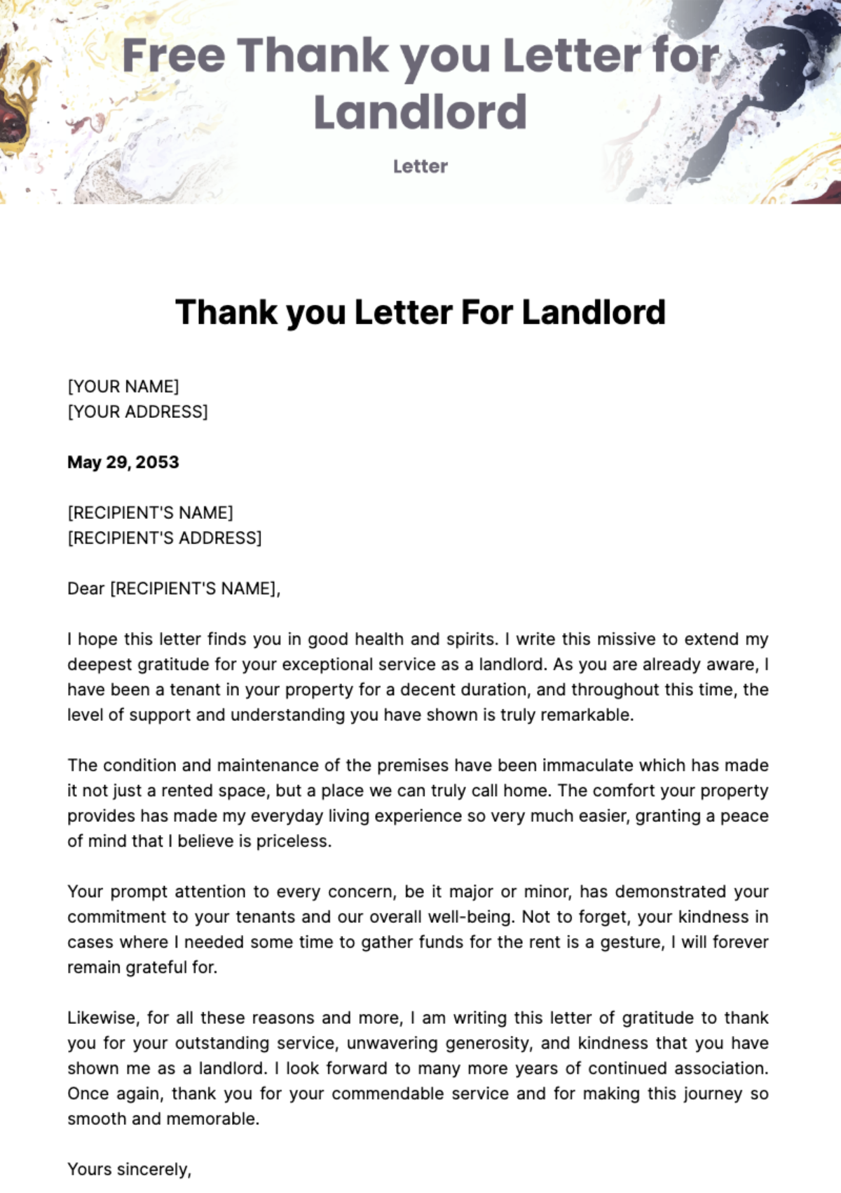 Free Thank you Letter for Landlord Template