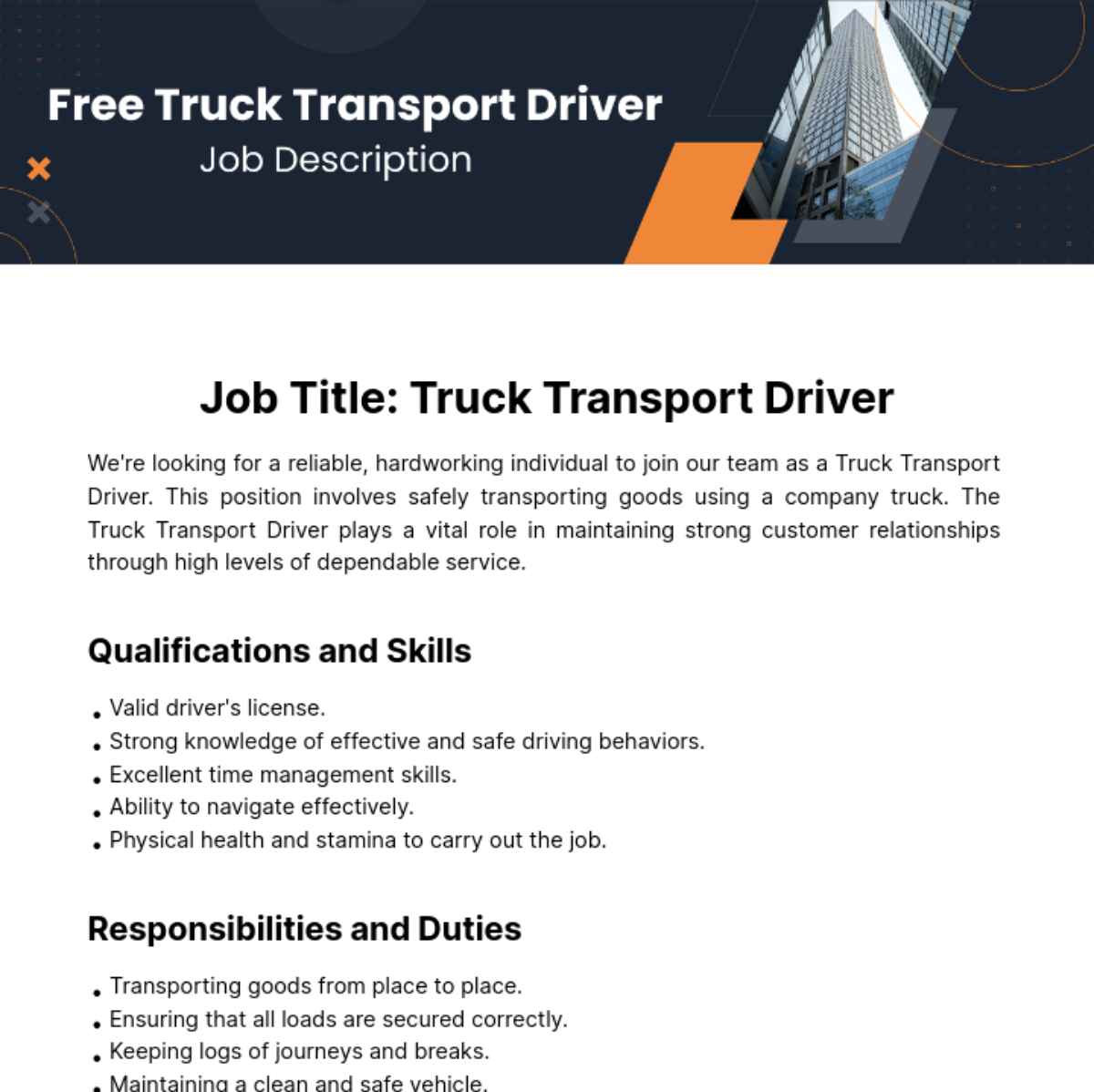 Free Truck Transport Driver Job Description Template