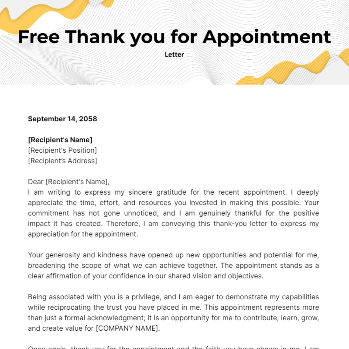 Thank you Letter for Appointment Template