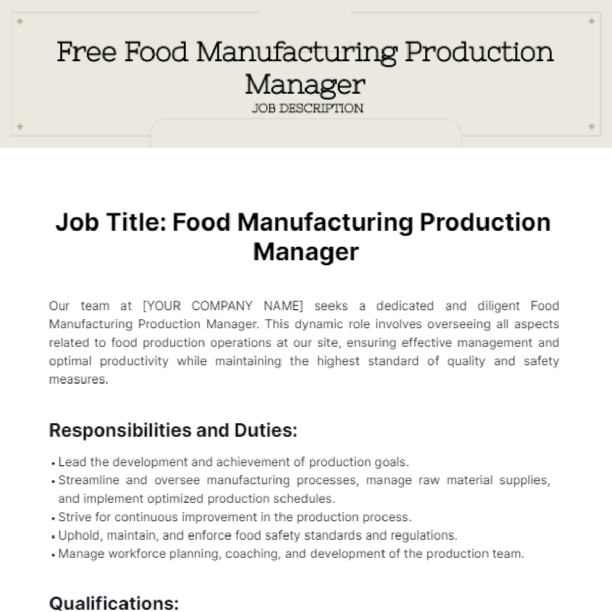 Food Manufacturing Production Manager Job Description Template
