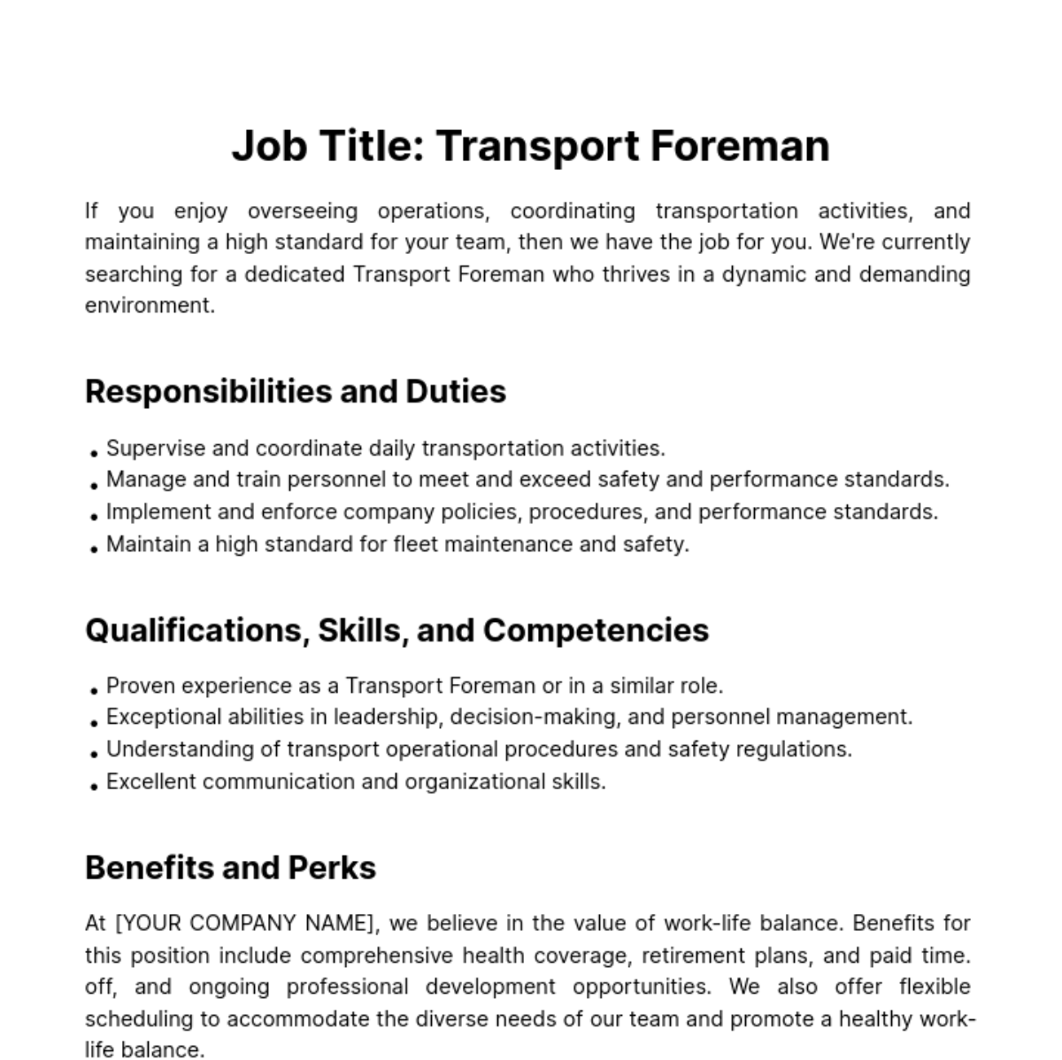 Free Transport Foreman Job Description Template
