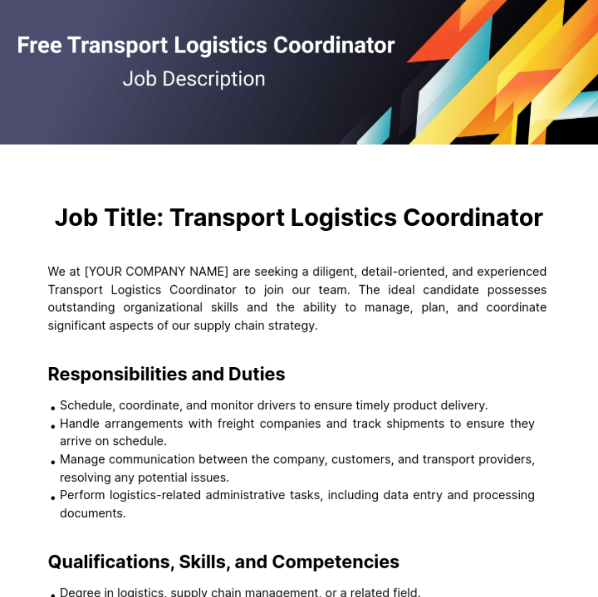 Free Transport Logistics Coordinator Job Description Template