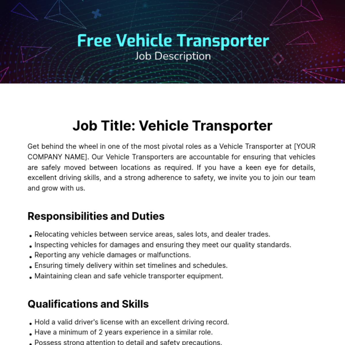 Free Vehicle Transporter Job Description Template
