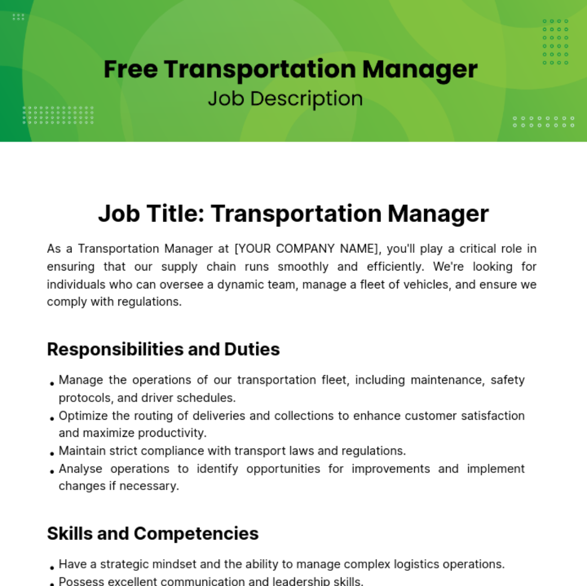 Transportation Manager Job Description Template
