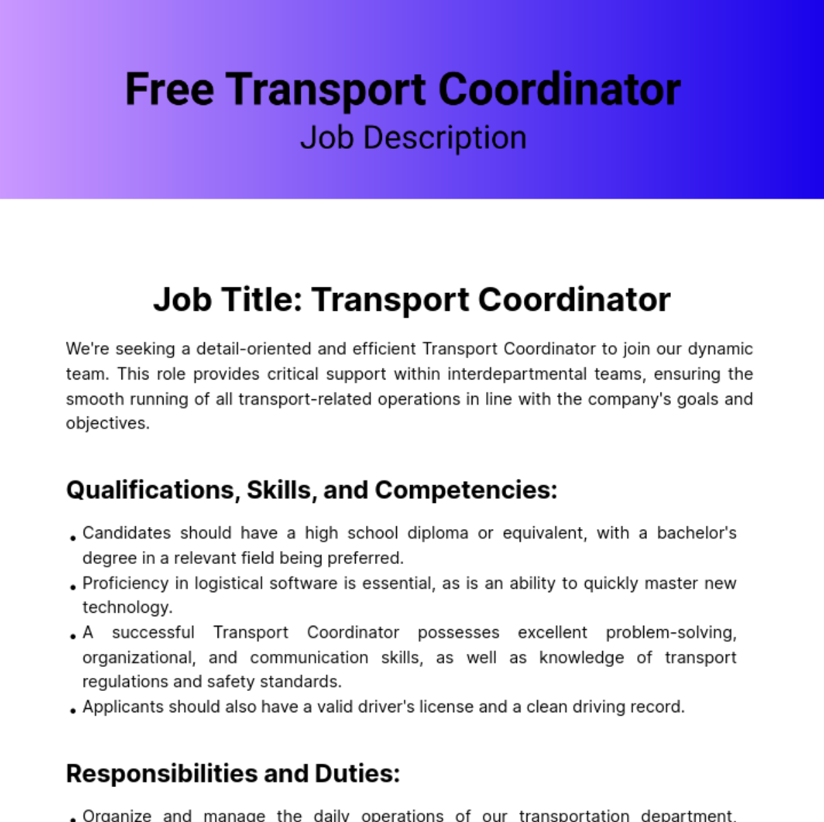 Free Transport Coordinator Job Description Template
