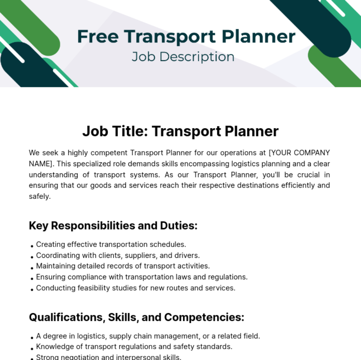 Free Transport Planner Job Description Template