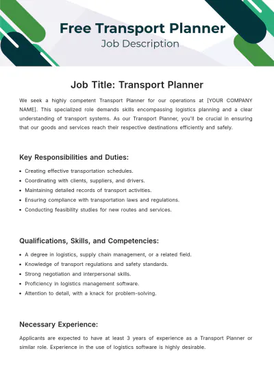 Free Transport Planner Job Description Template to Edit Online