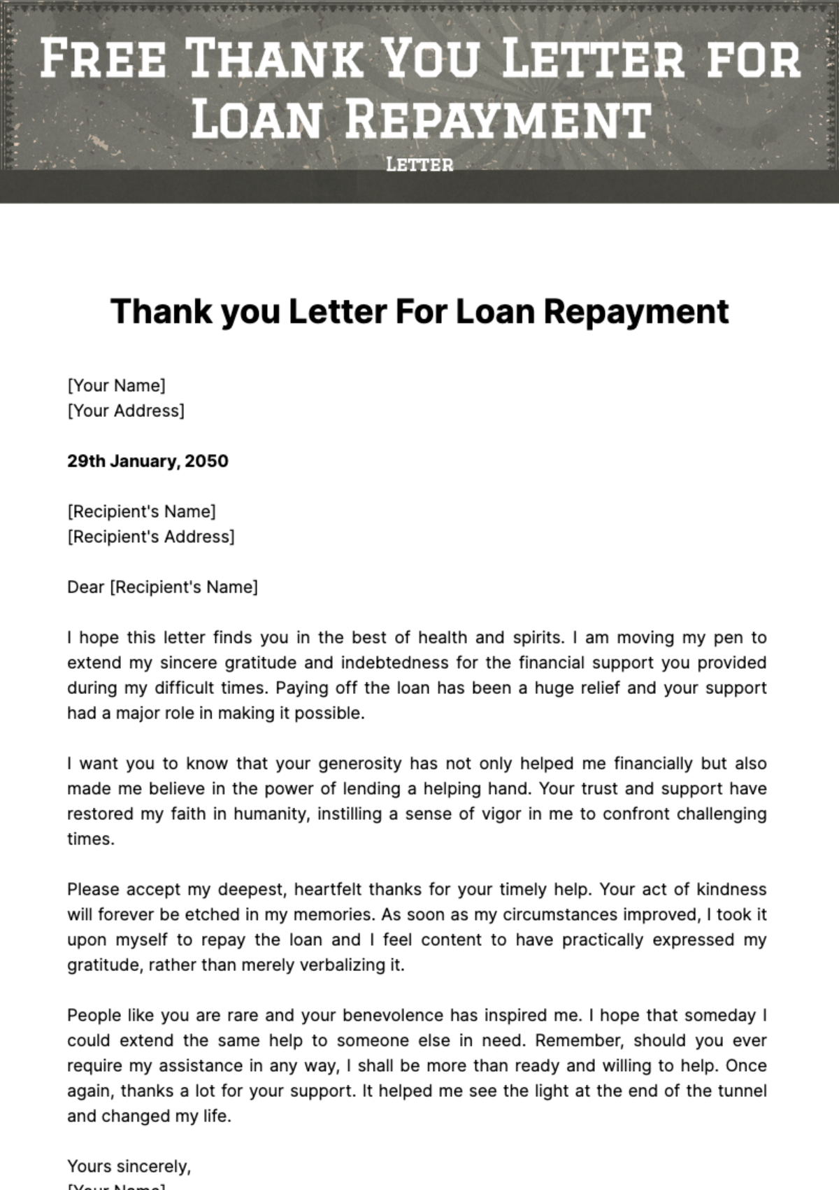 Free Thank you Letter for Loan Repayment Template
