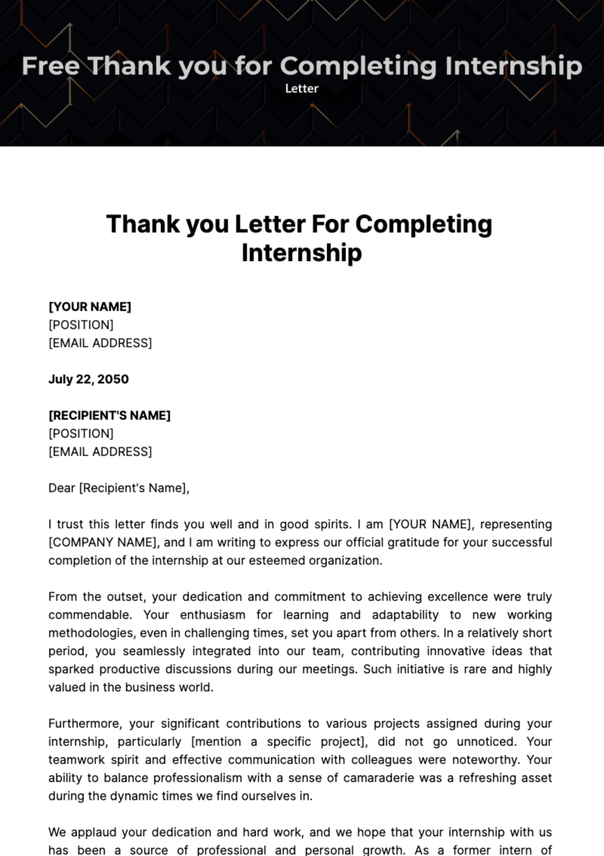 Thank you Letter for Completing Internship Template