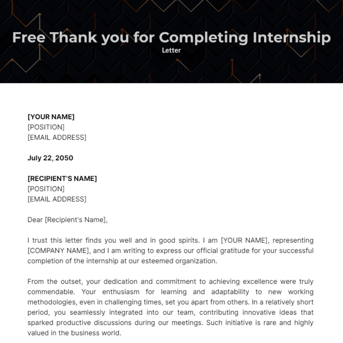 Thank you Letter for Completing Internship Template