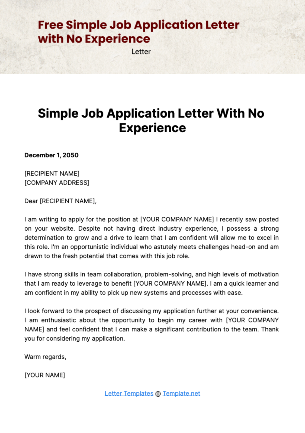 Free Simple Job Application Letter with No Experience Template