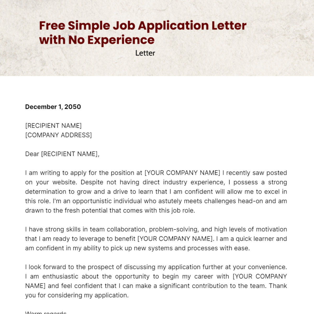 Simple Job Application Letter with No Experience Template