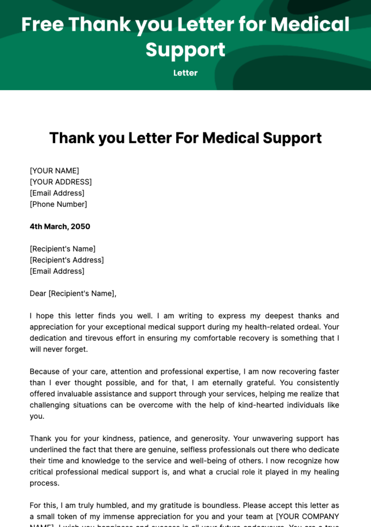 Free Thank you Letter for Medical Support Template