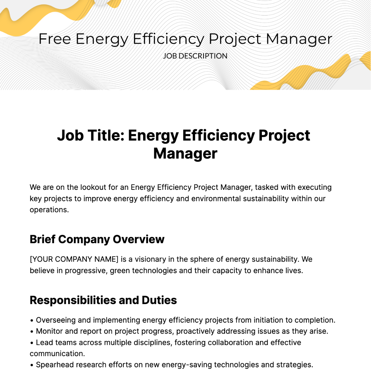 Free Energy Efficiency Project Manager Job Description Template