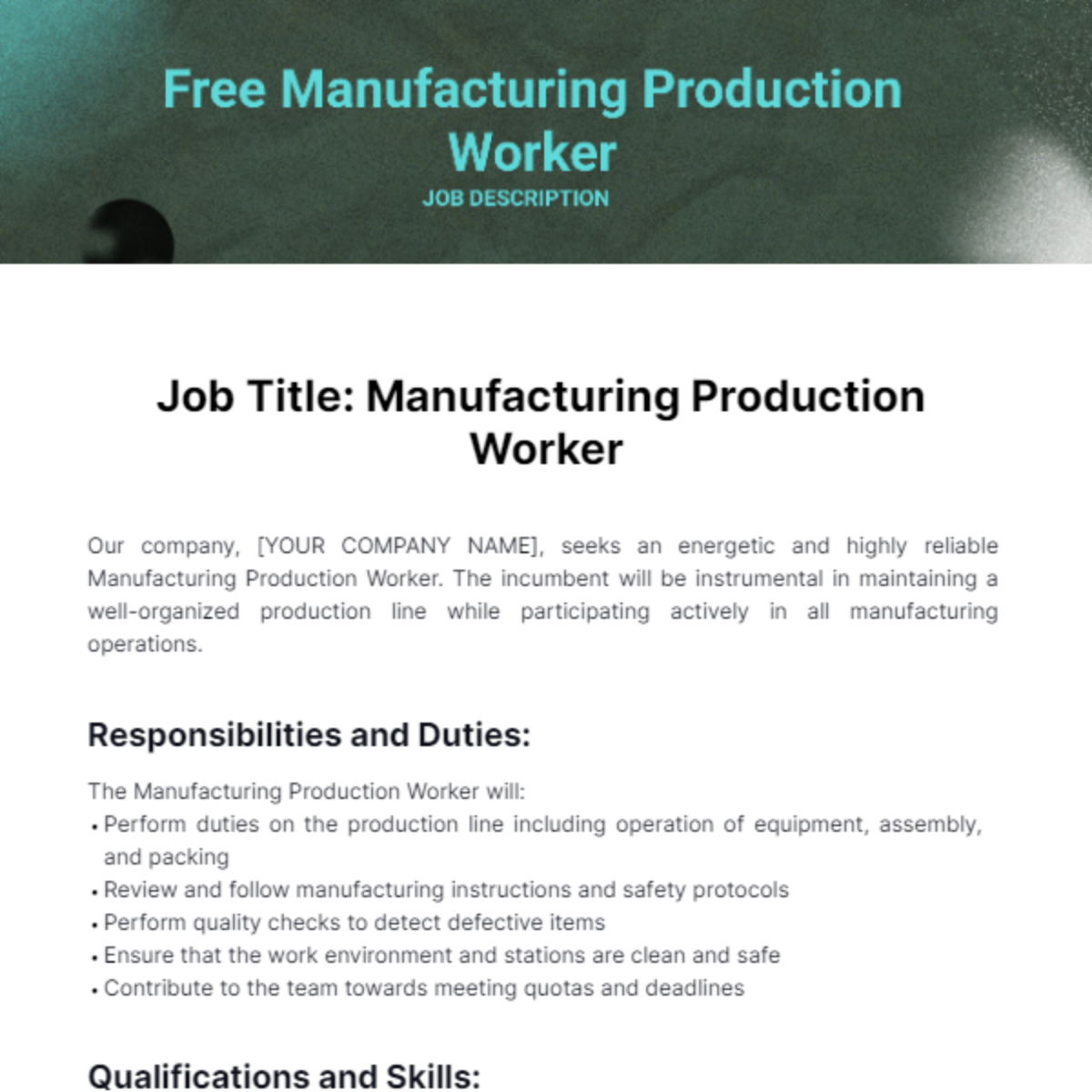 Manufacturing Production Worker Job Description Template
