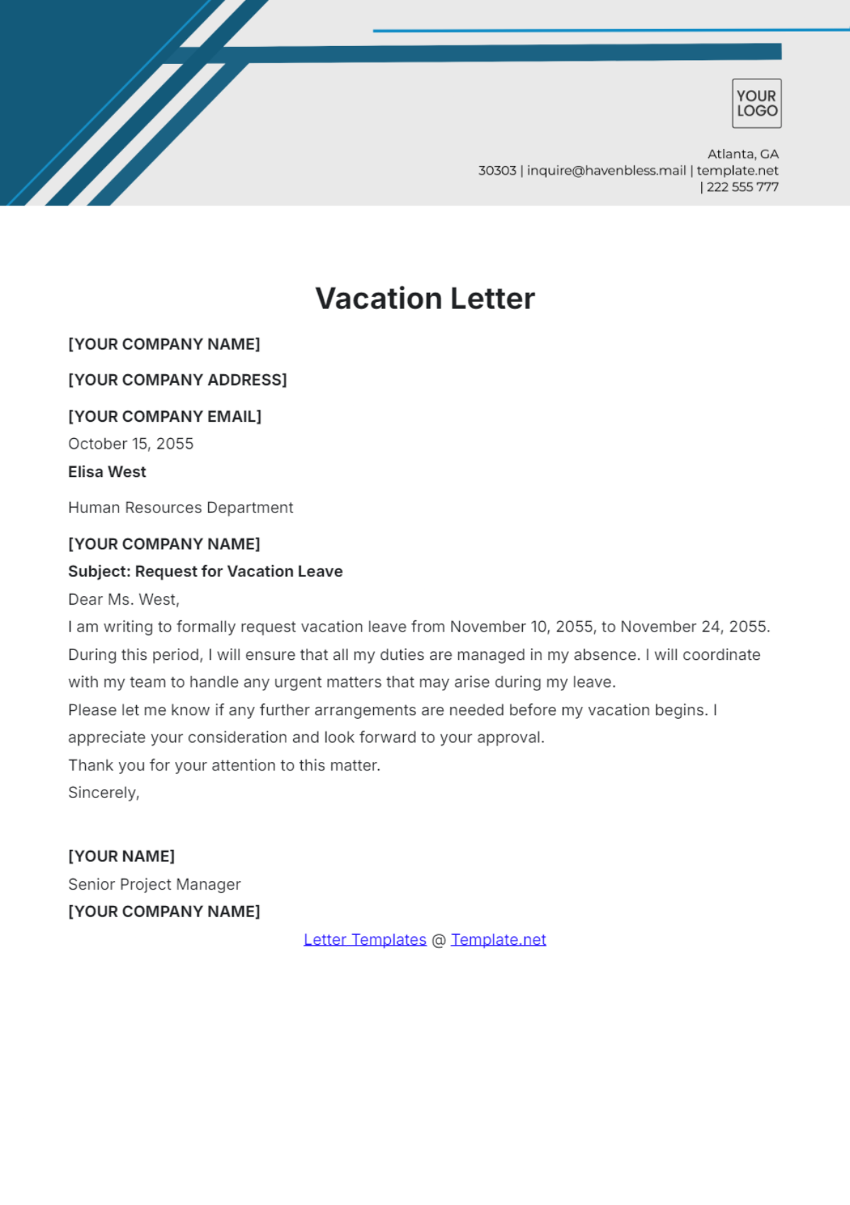 Vacation Letter Template - Edit Online & Download