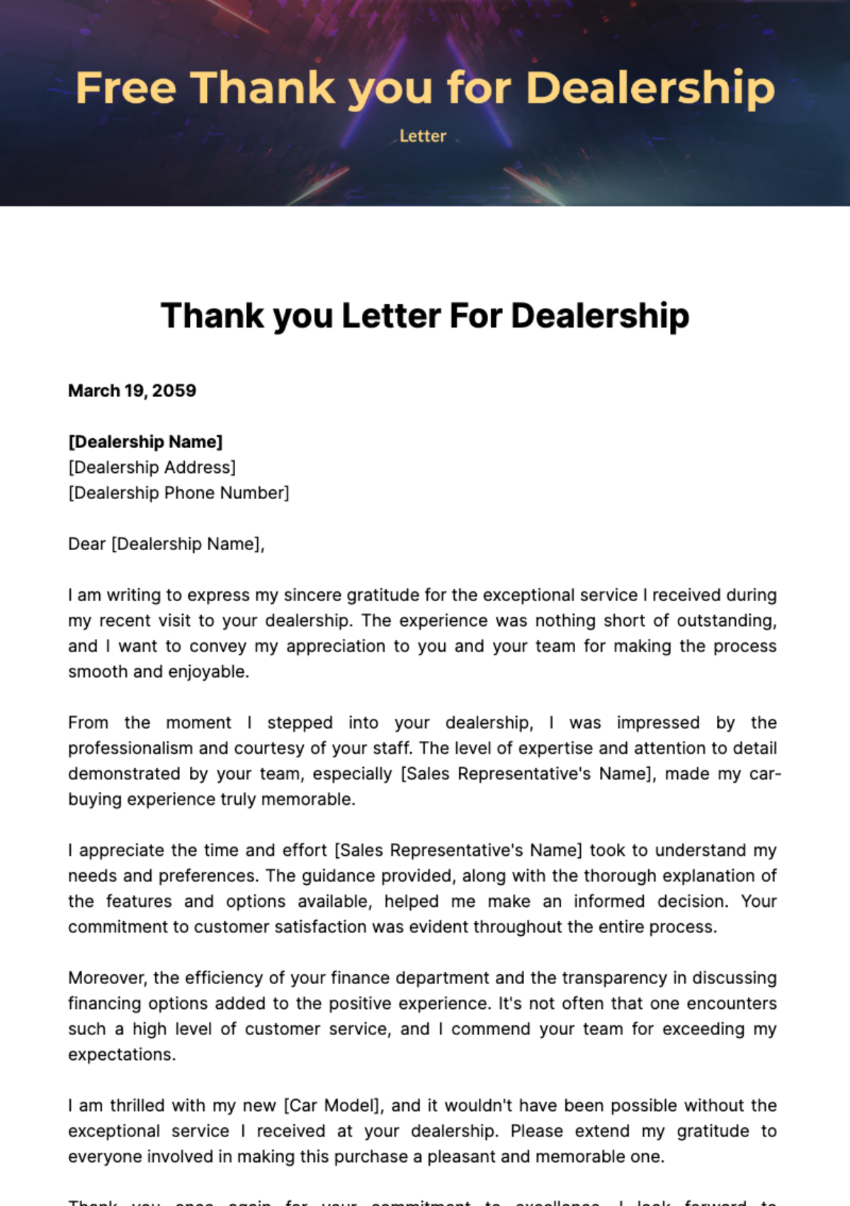 Free Thank you Letter for Dealership Template