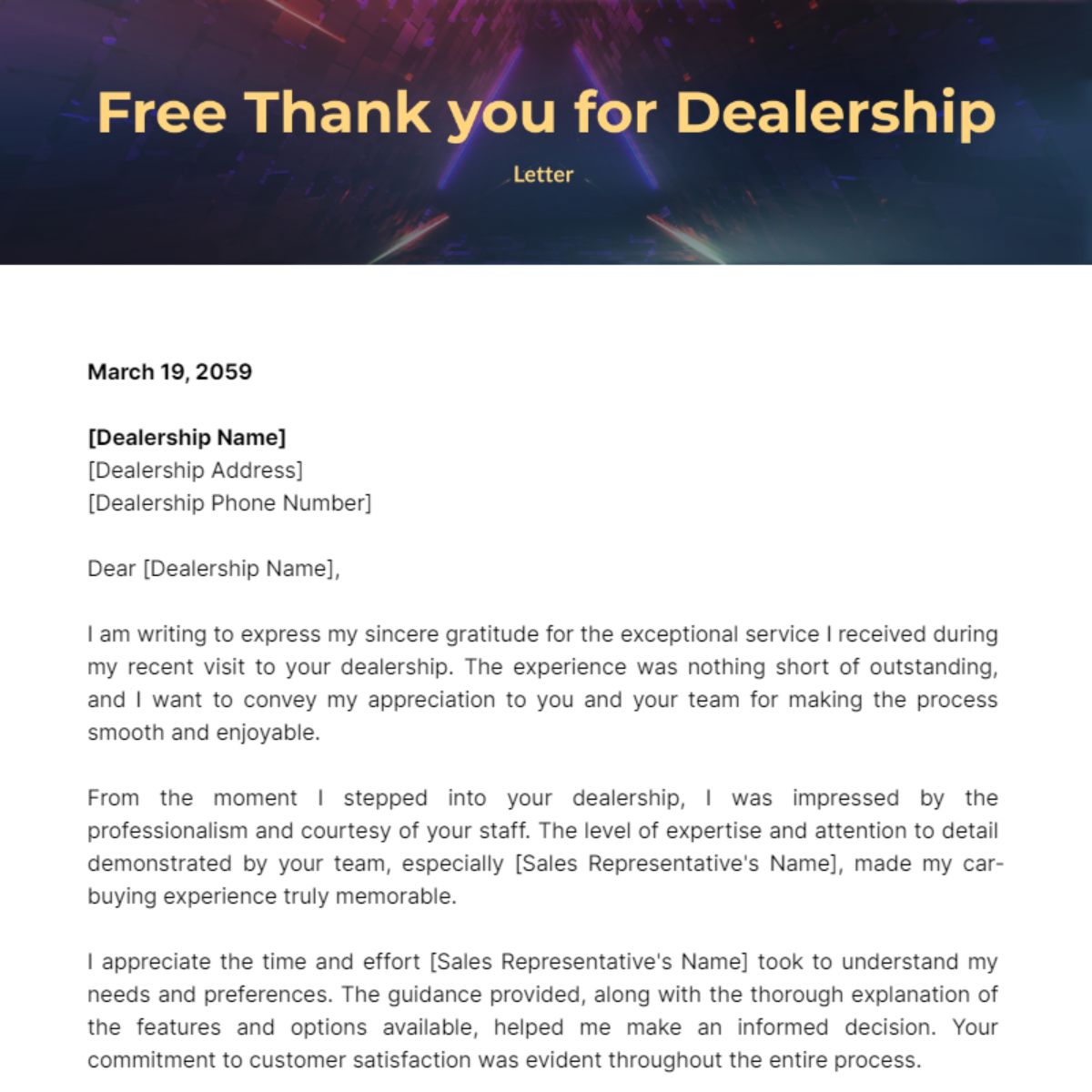 Thank you Letter for Dealership Template