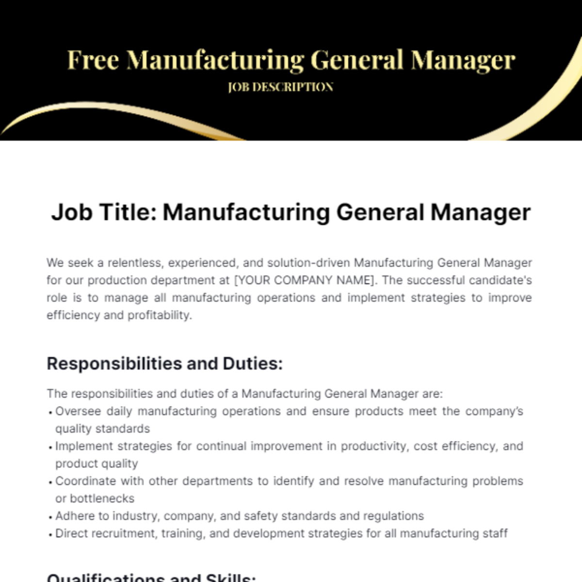 Free Manufacturing General Manager Job Description Template