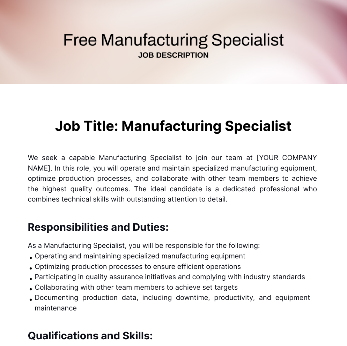 Free Manufacturing Specialist Job Description Template