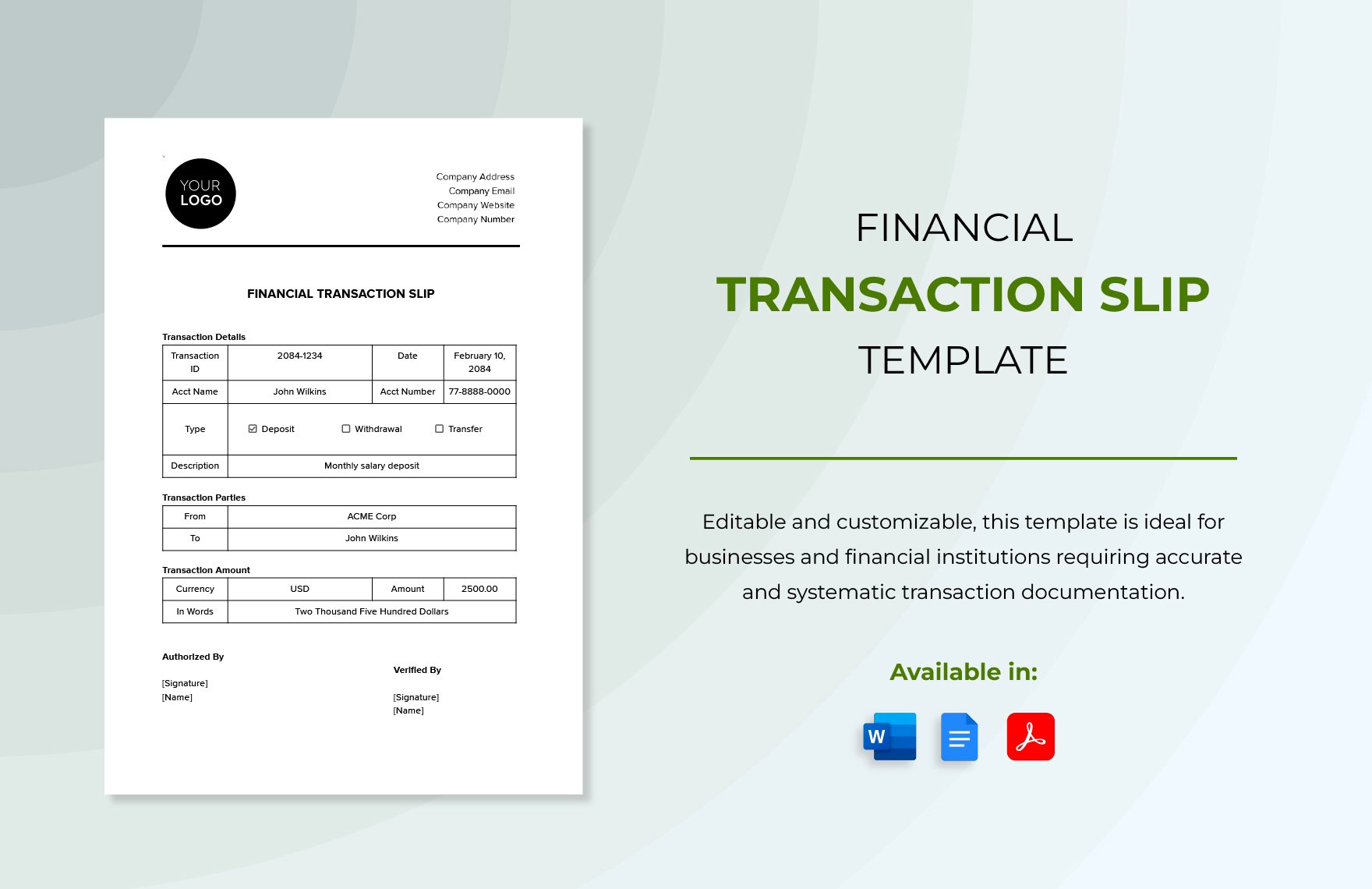 Financial Transaction Slip Template