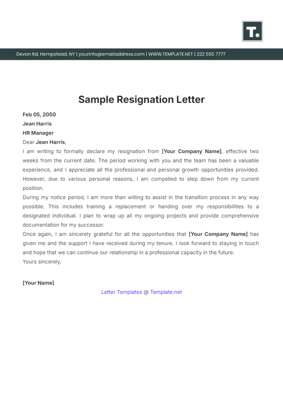 Sample Resignation Letter Template - Edit Online & Download